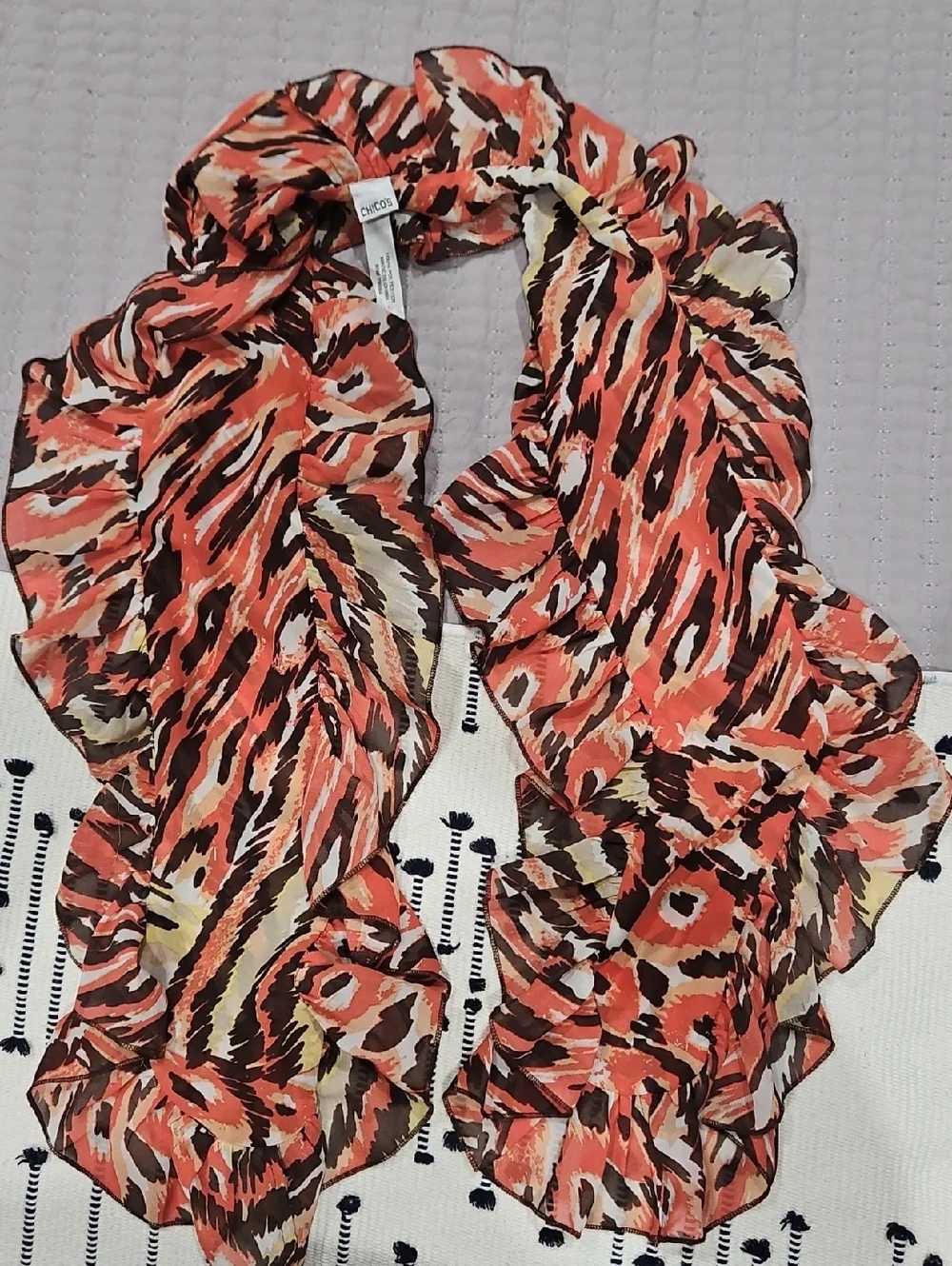 Chico's Ruffled Animal-Print Scarf in Coral, Brown & Cream
